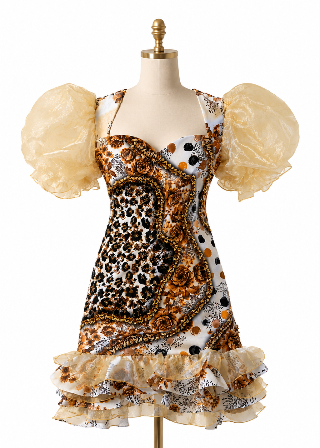 Luxe Floral Rhinestone Puff-Sleeve Mini Dress