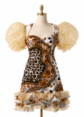 Luxe Floral Rhinestone Puff-Sleeve Mini Dress