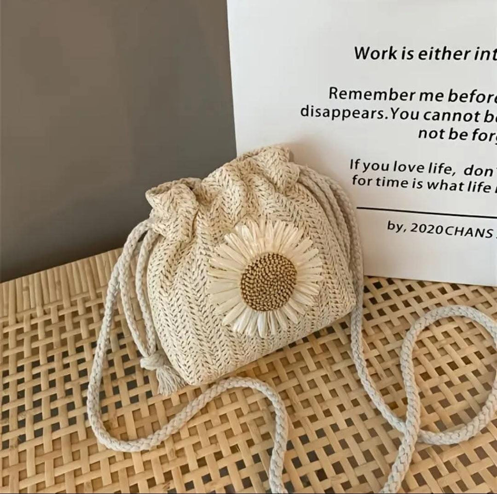 Mini Floral Straw Drawstring Crossbody Bag