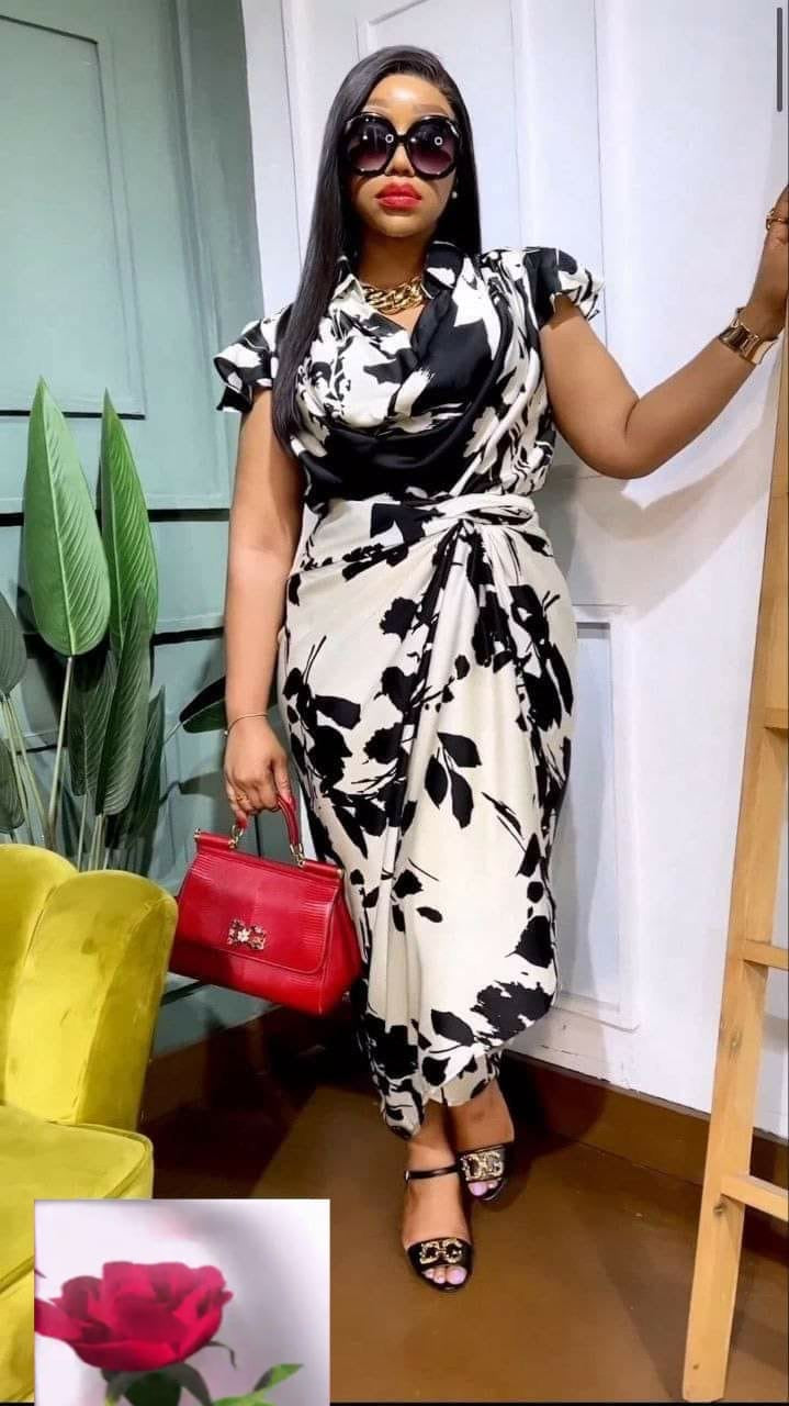 Abstract Floral Cowl Neck Top & Ruched Wrap Midi Skirt Set