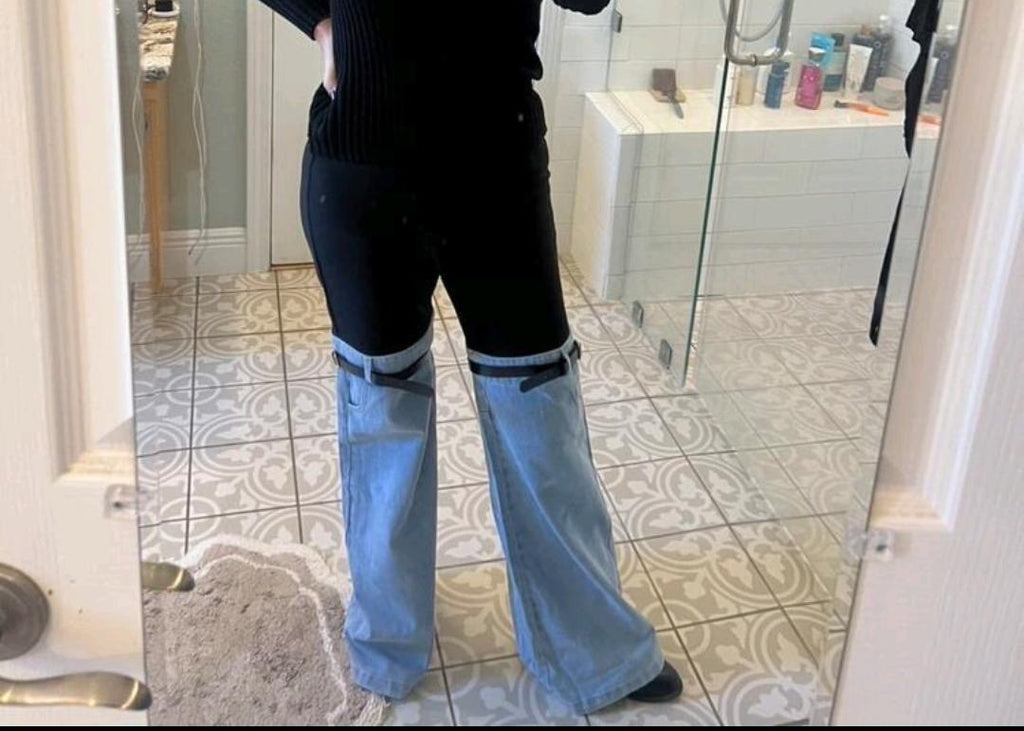 Two-Tone Buckled Thigh Wide-Leg Jeans