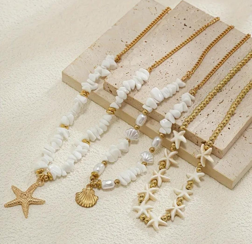 Layered Coastal Starfish & Seashell Charm Necklace Set