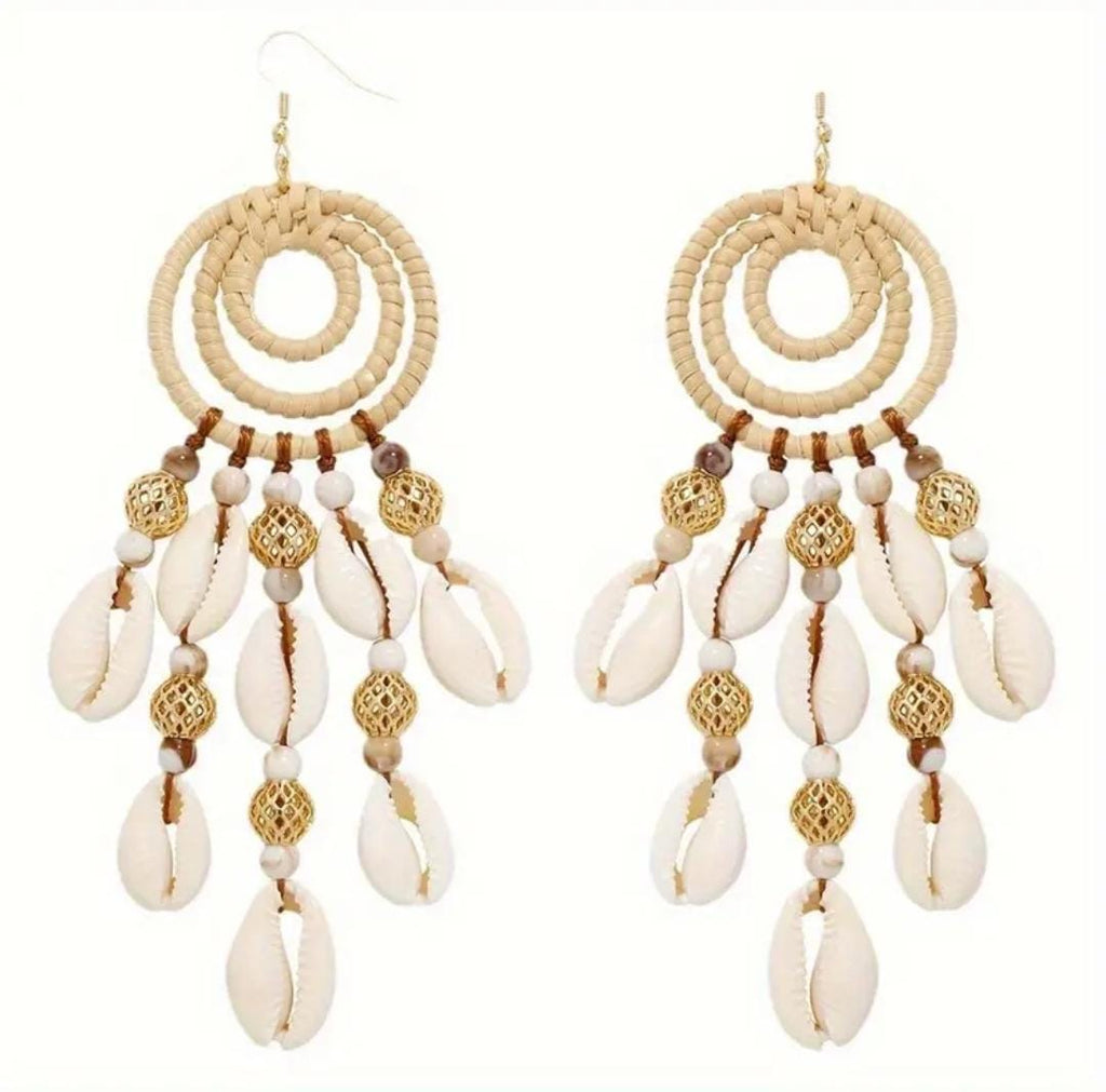 Boho Cowrie Shell & Woven Rattan Dangle Earrings