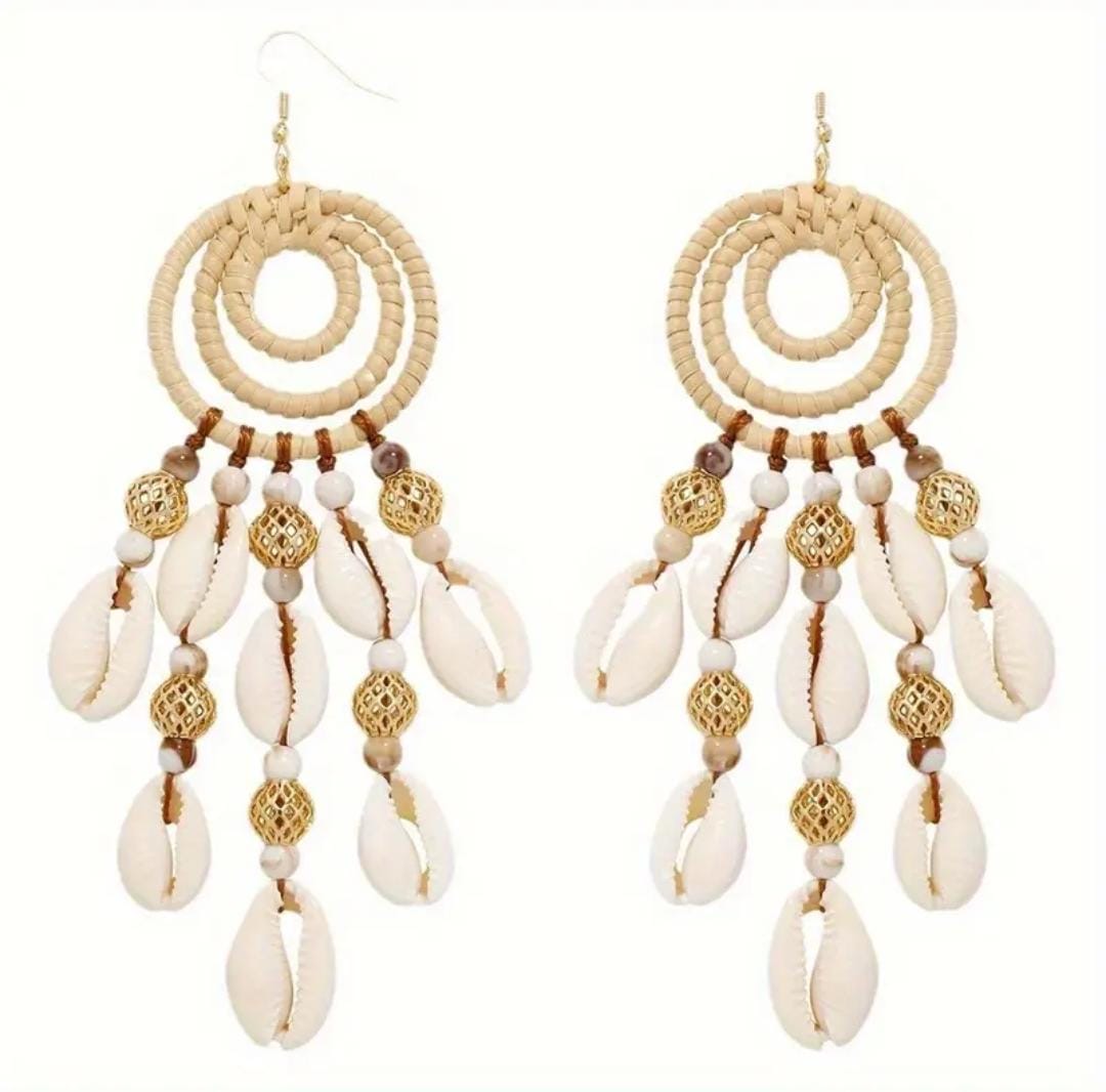 Boho Cowrie Shell & Woven Rattan Dangle Earrings