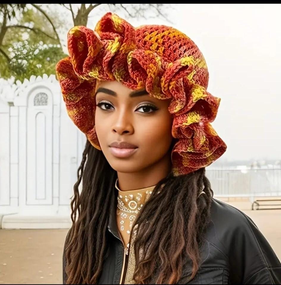 Boho-Chic Variegated Crochet Bonnet with Dramatic Ruffled Brim