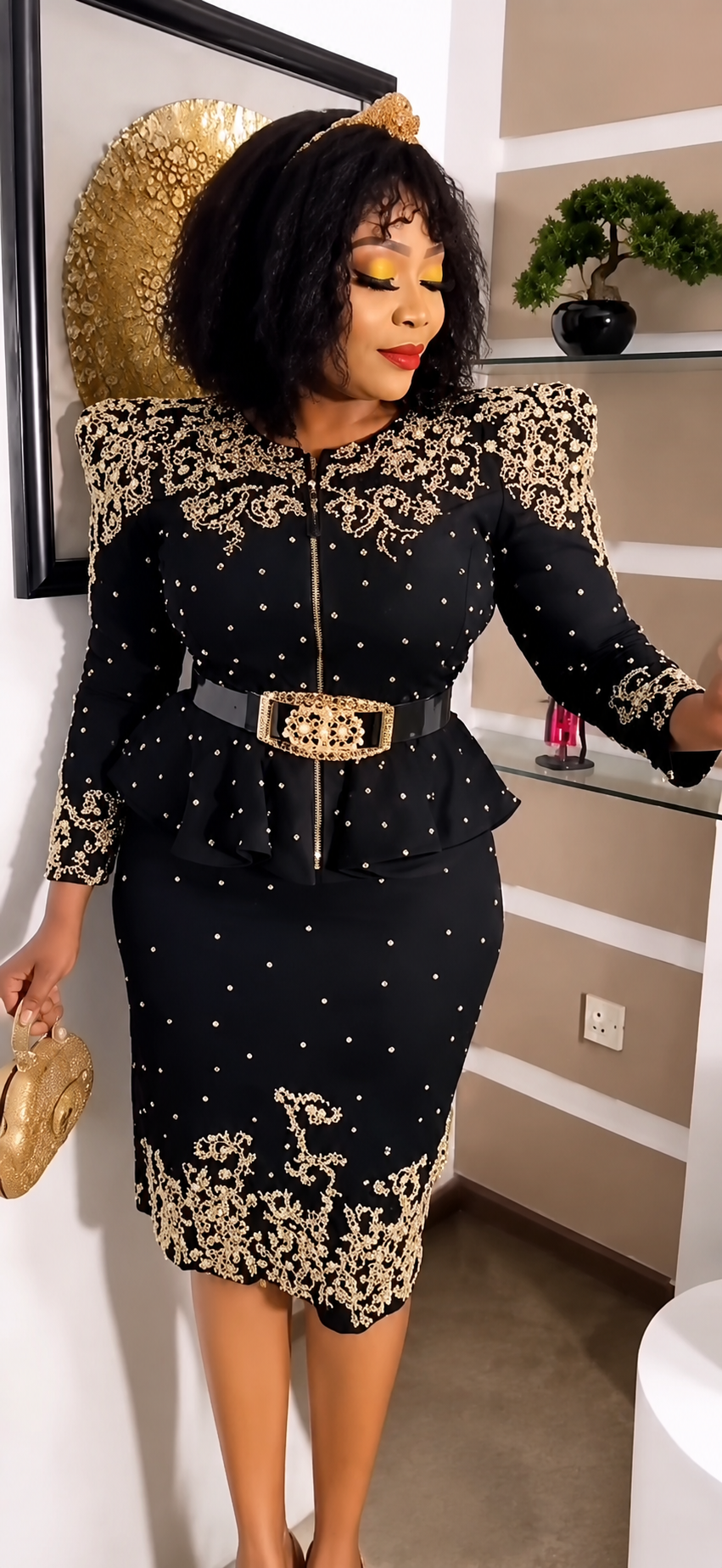 Black & Gold Embellished Peplum Dress