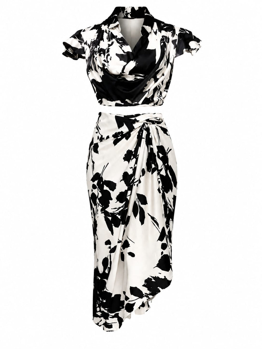 Abstract Floral Cowl Neck Top & Ruched Wrap Midi Skirt Set