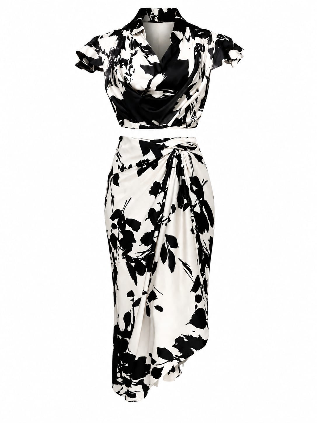 Abstract Floral Cowl Neck Top & Ruched Wrap Midi Skirt Set