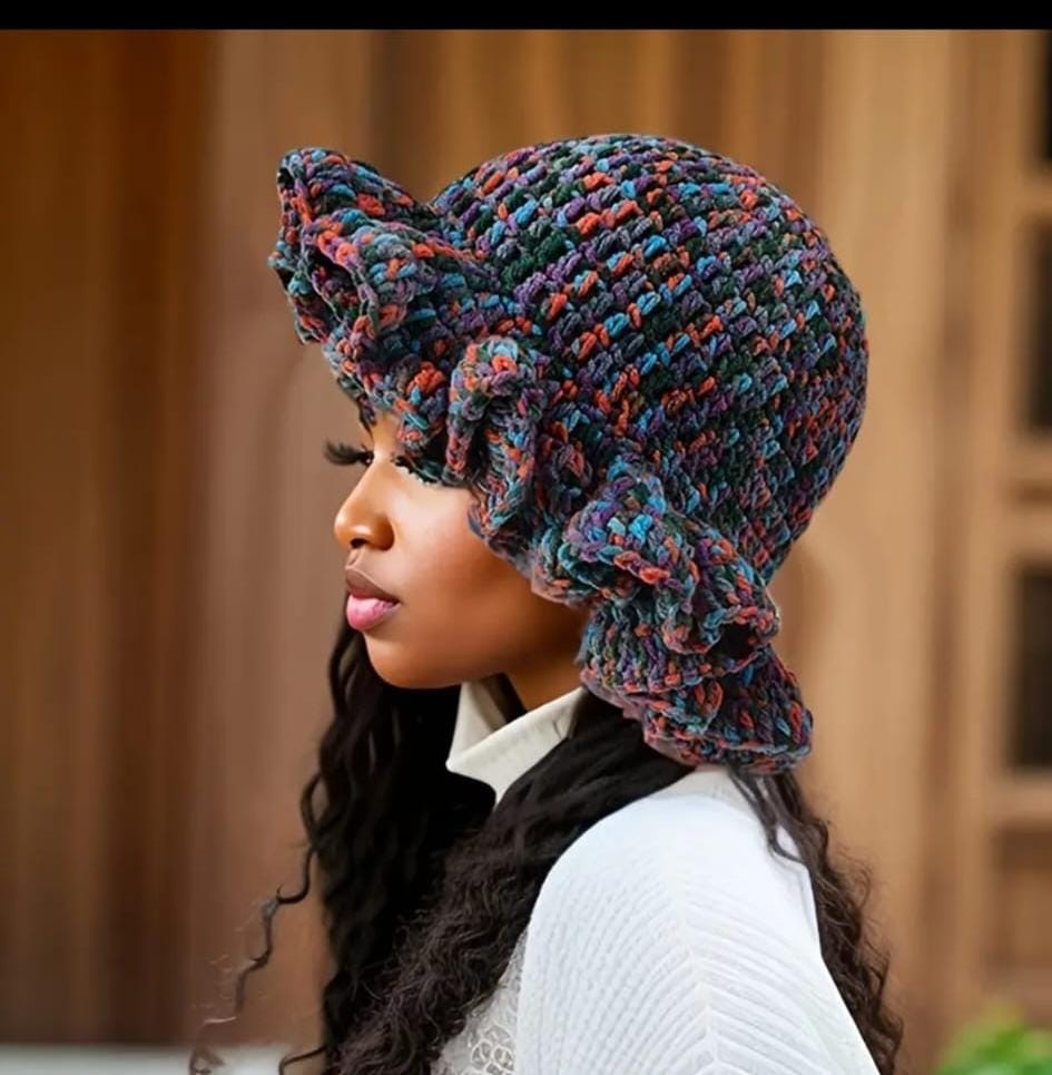 Boho-Chic Variegated Crochet Bonnet with Dramatic Ruffled Brim
