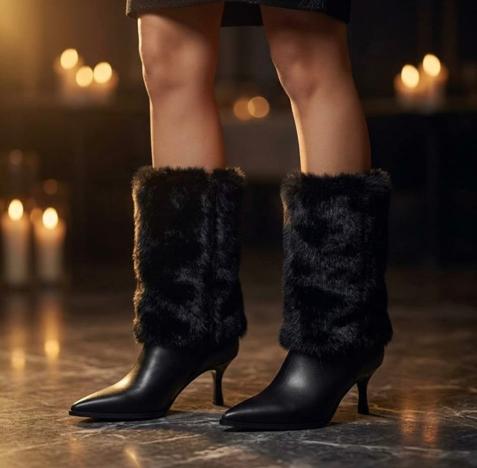 Black Faux Fur Heeled Boots