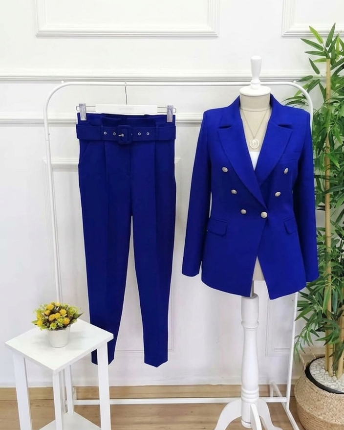 Royal Blue Belted Tailored Suit Set