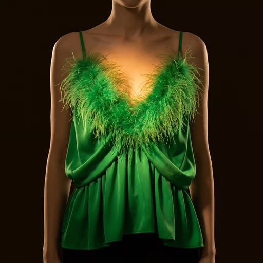 Emerald Feather Trim Cami Blouse