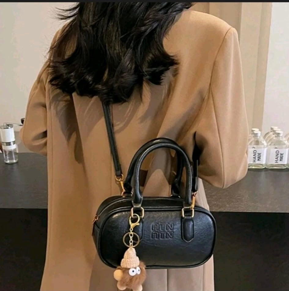 Retro Chic Barrel Crossbody Bag with Cute Fuzz-Monster Bag Charm