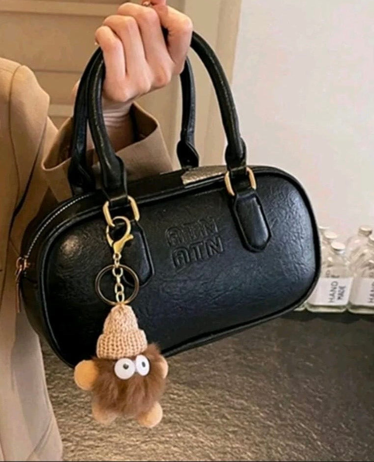 Retro Chic Barrel Crossbody Bag with Cute Fuzz-Monster Bag Charm