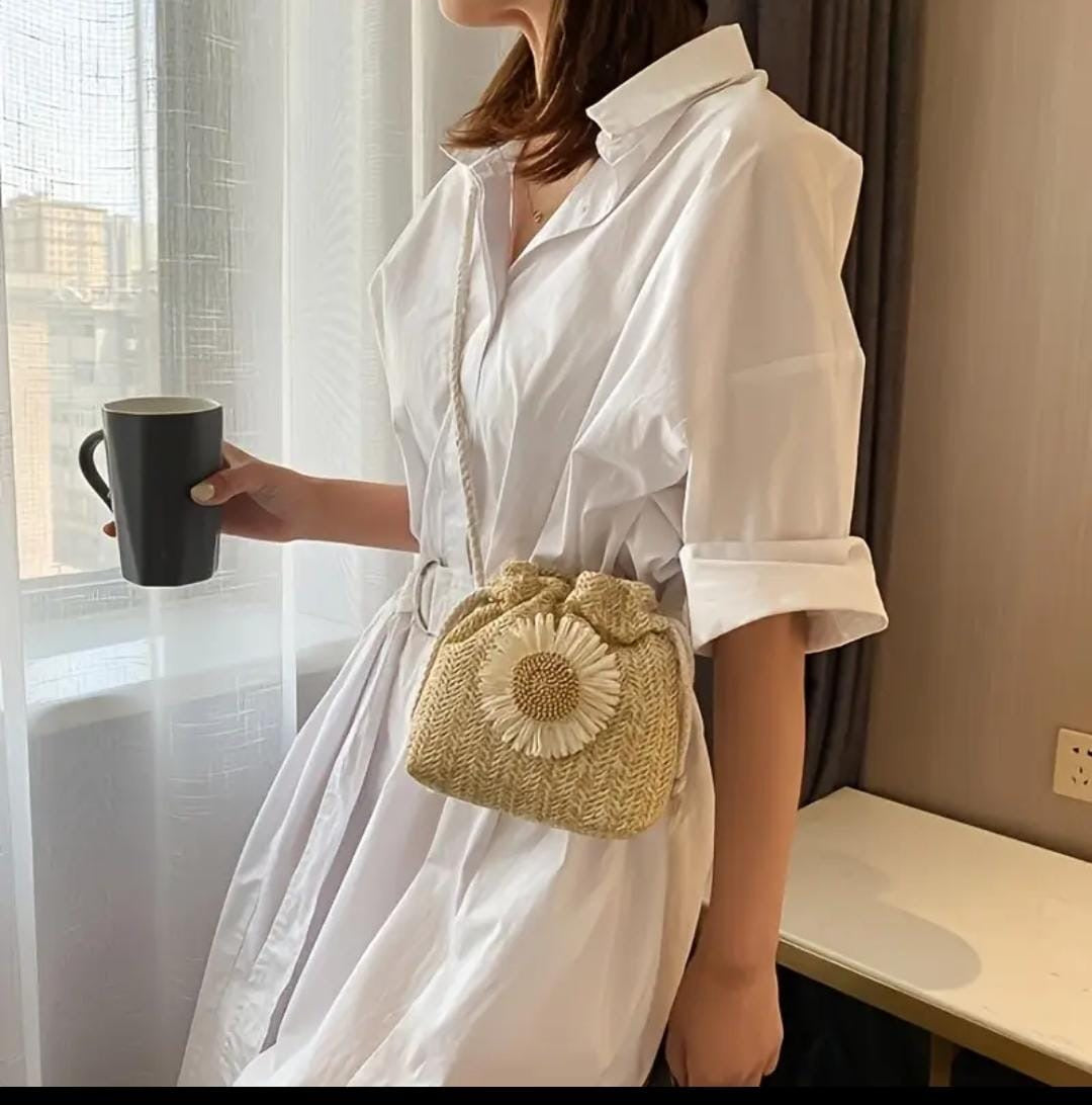 Mini Floral Straw Drawstring Crossbody Bag