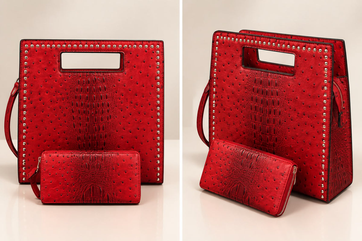 Red Crocodile-Embossed Studded Handbag Set