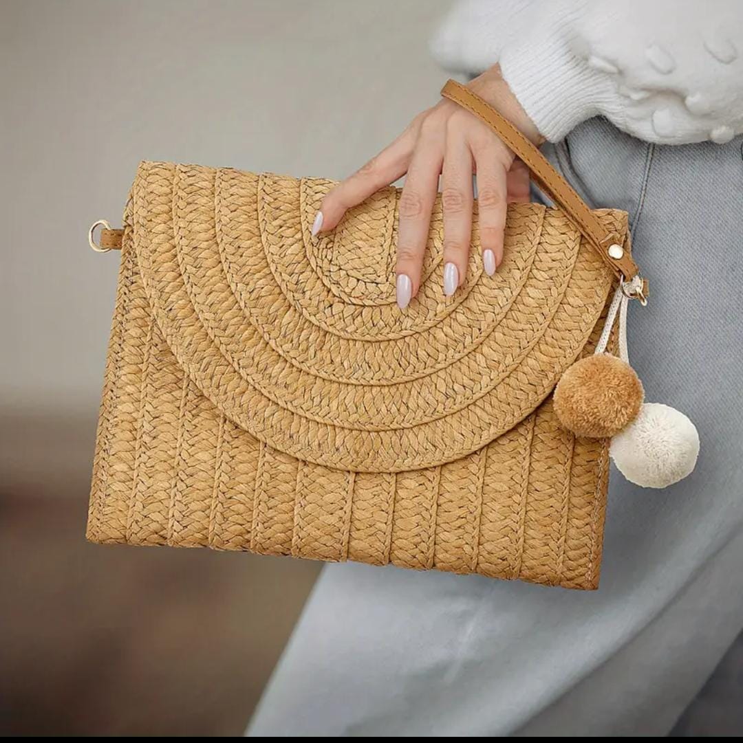 Boho Straw Woven Clutch & Crossbody Bag with Pom-Pom Charm