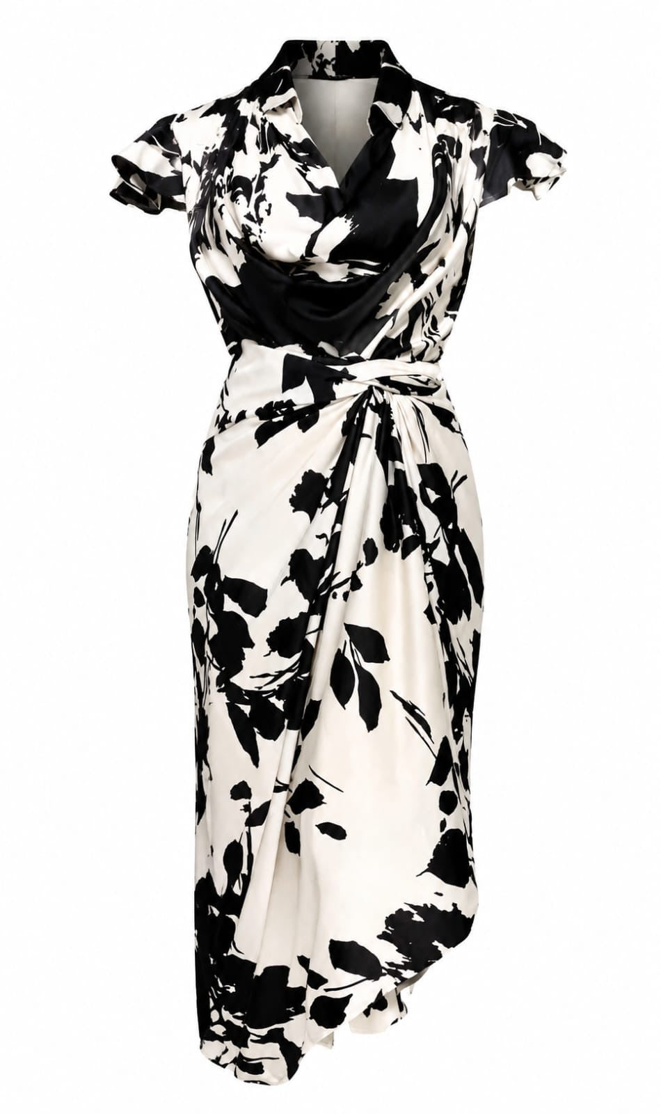 Abstract Floral Cowl Neck Top & Ruched Wrap Midi Skirt Set