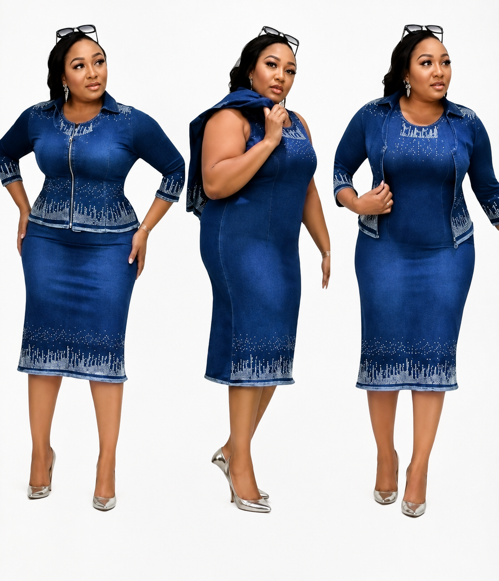 Stunning 2-Piece Rhinestone Denim Dress Set – Sleeveless Midi Dress & Matching Crop Jacket