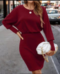 Elegant Burgundy Ribbed Knit Long-Sleeve Bodycon Dress