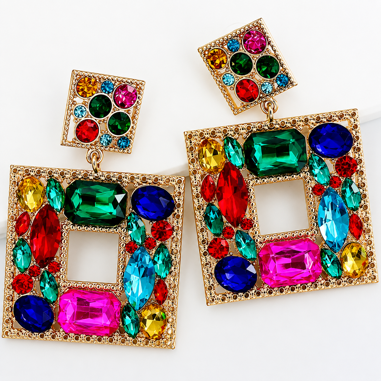Vibrant Multicolored Crystal Geometric Statement Drop Earrings
