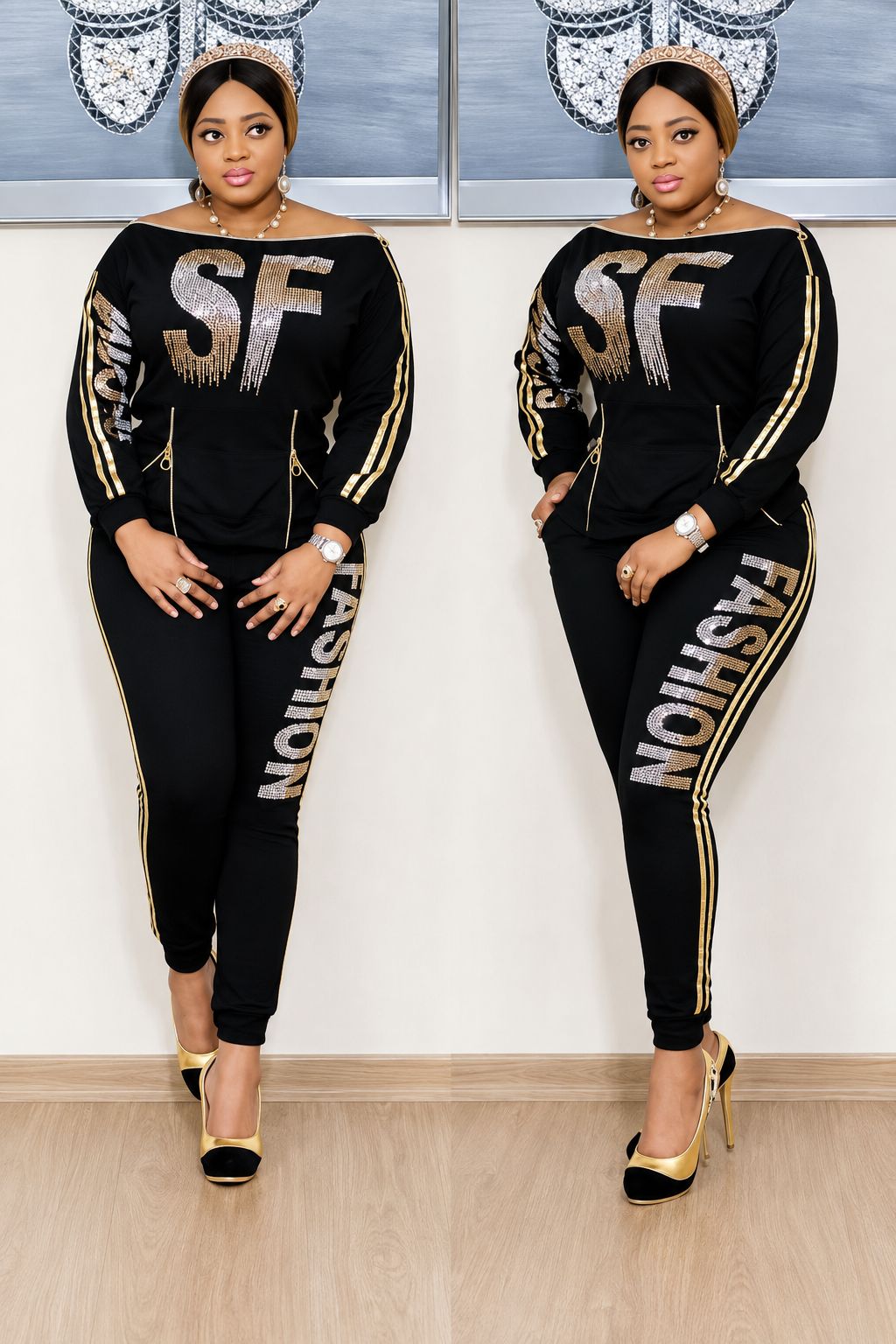 Black & Gold Rhinestone Two-Piece Set