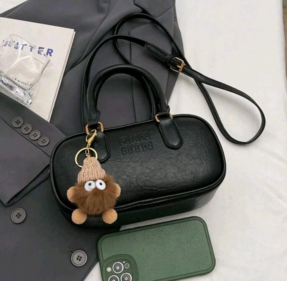 Retro Chic Barrel Crossbody Bag with Cute Fuzz-Monster Bag Charm