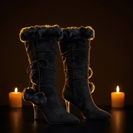 Black Faux Fur Lace-Up Heeled Boots