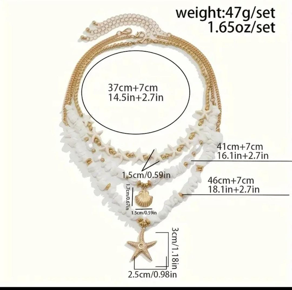 Layered Coastal Starfish & Seashell Charm Necklace Set