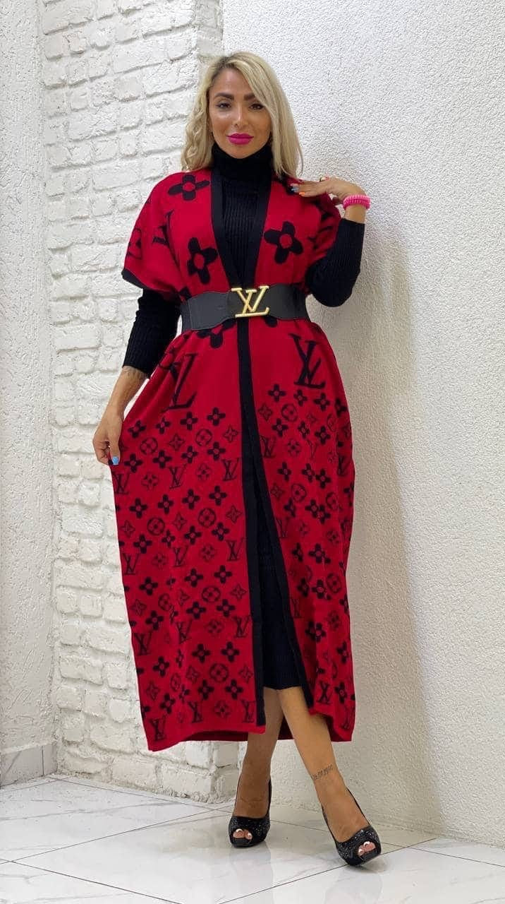 2-Piece Turtle Neck Monogram Knit Dress & Cardigan Set (No Belt.)