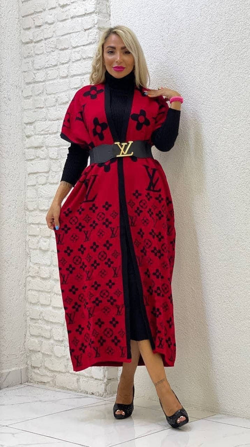 2-Piece Turtle Neck Monogram Knit Dress & Cardigan Set
