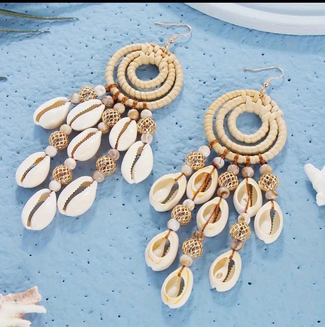Boho Cowrie Shell & Woven Rattan Dangle Earrings