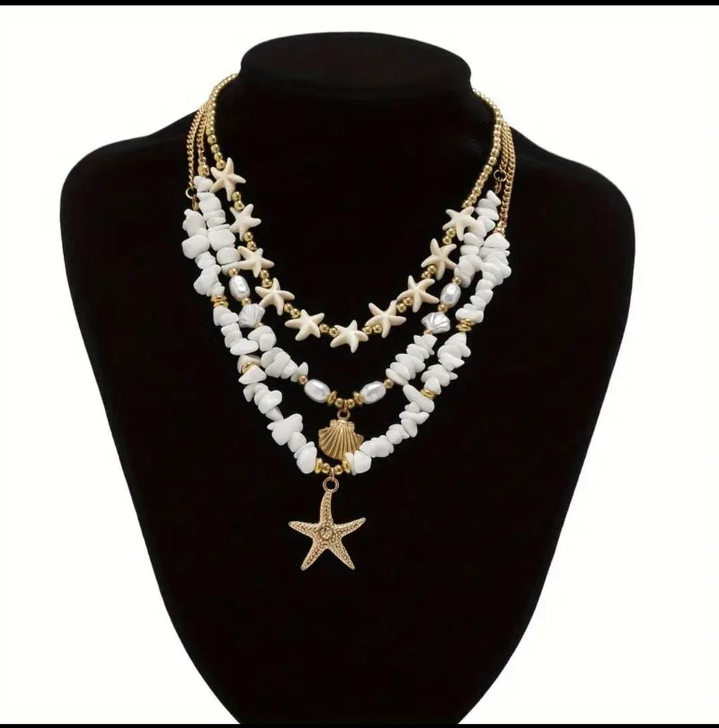 Layered Coastal Starfish & Seashell Charm Necklace Set