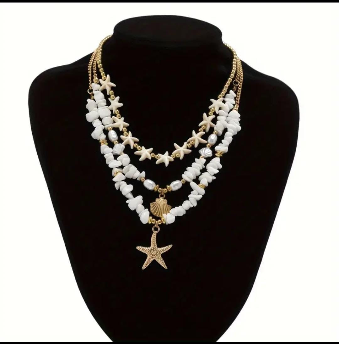 Layered Coastal Starfish & Seashell Charm Necklace Set