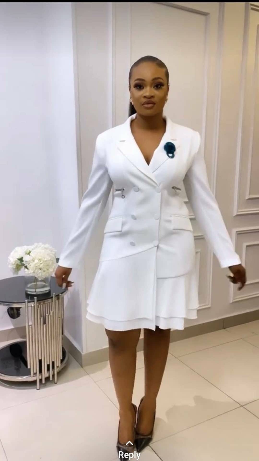 Double-Breasted Ruffle-Hem Blazer Dress – White