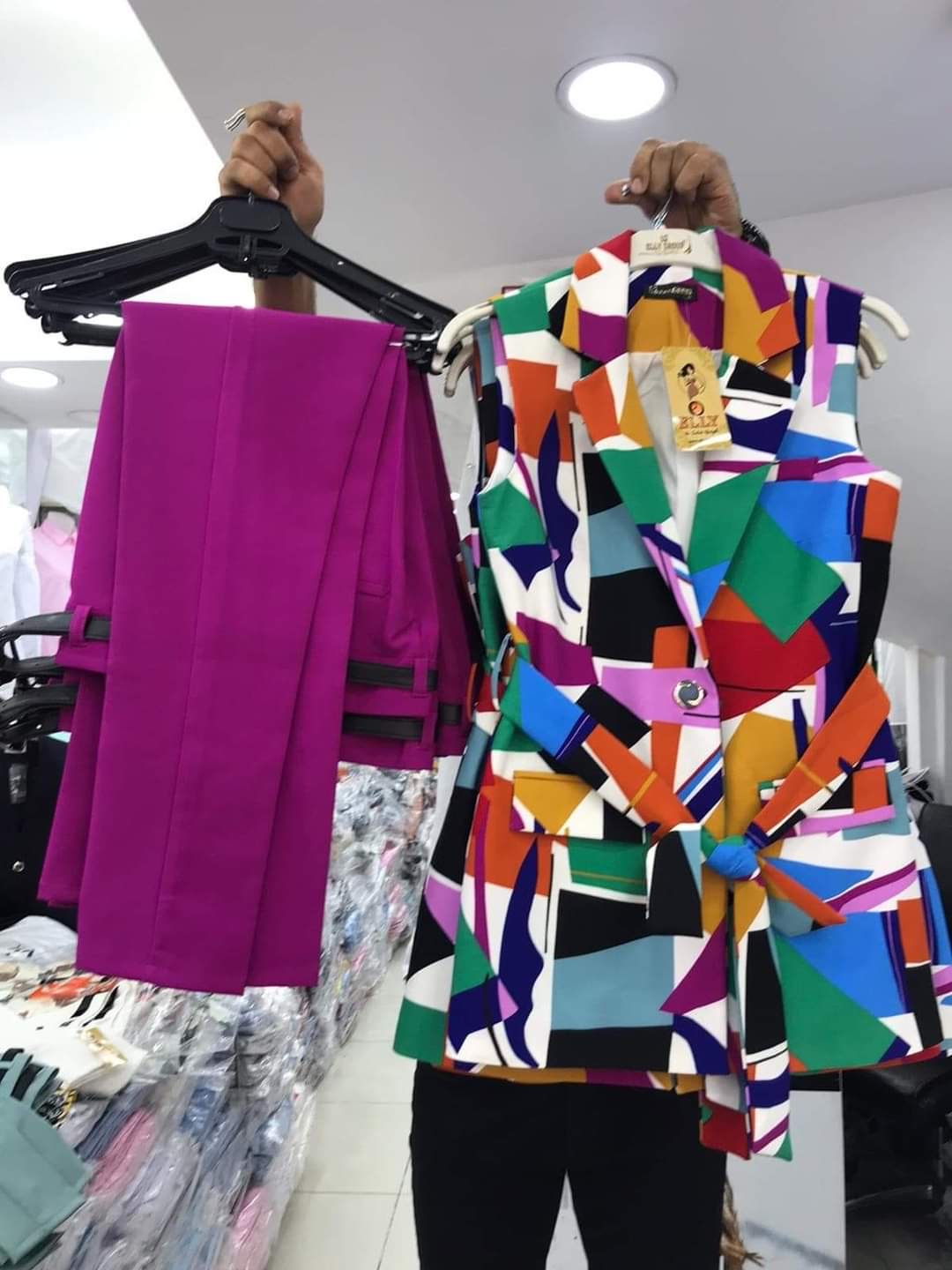 Abstract Geometric Sleeveless Vest Blazer & Trousers Two-Piece Set