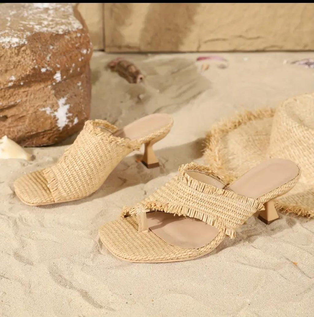 The Isla Raffia Fringed Mule Heels