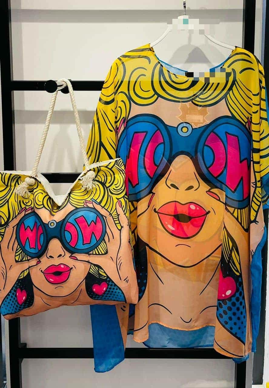 Pop Art "WOW" Beach Cover-Up & Matching Rope Tote Bag Set