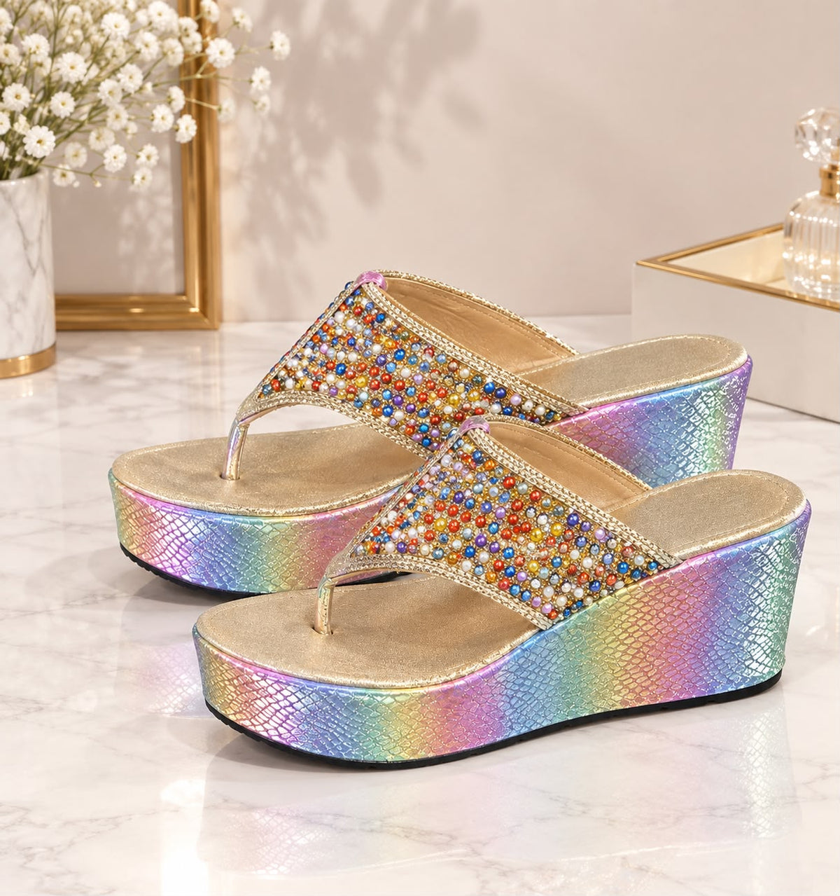 Glamorous Rhinestone Rainbow Wedge Sandals