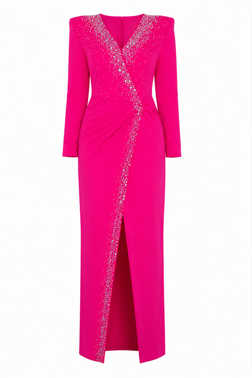 Fuchsia Crystal Embellished Evening Gown