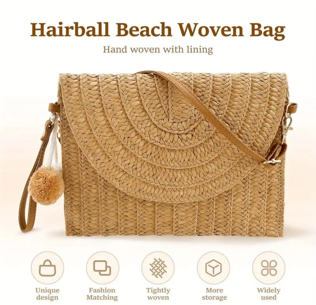 Boho Straw Woven Clutch & Crossbody Bag with Pom-Pom Charm
