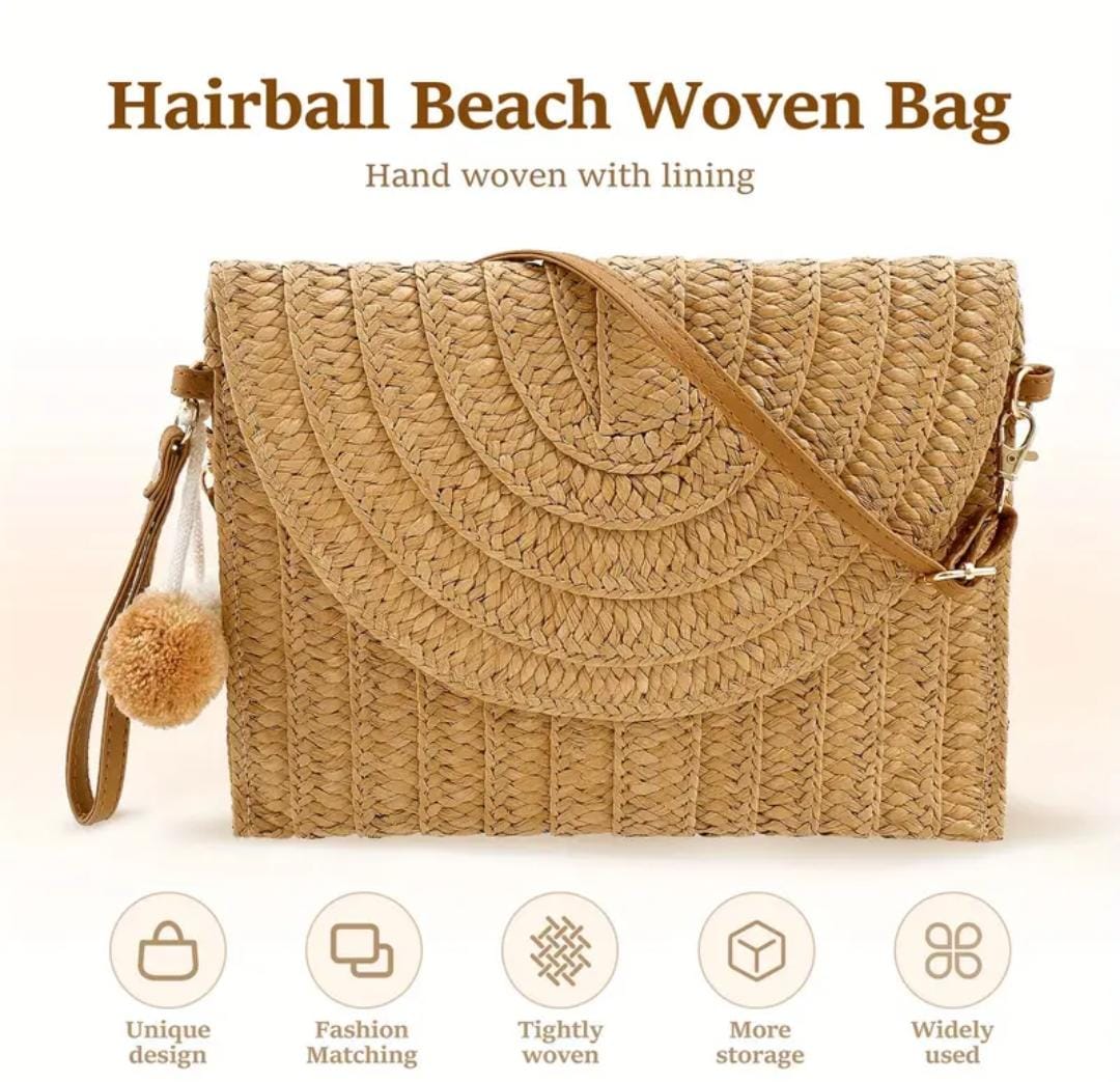 Boho Straw Woven Clutch & Crossbody Bag with Pom-Pom Charm
