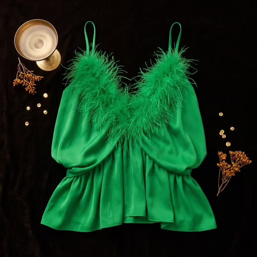 Emerald Feather Trim Cami Blouse