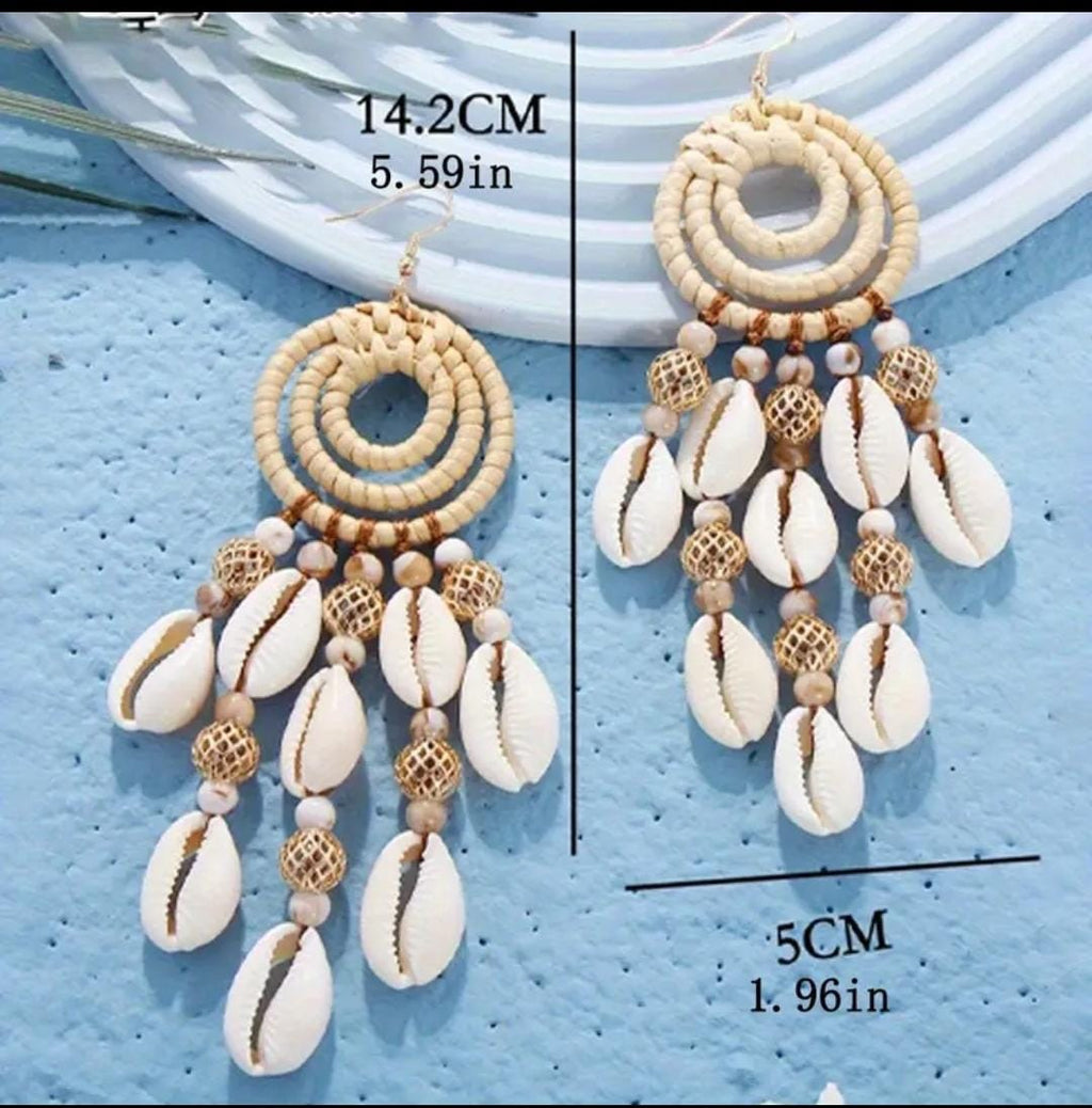 Boho Cowrie Shell & Woven Rattan Dangle Earrings