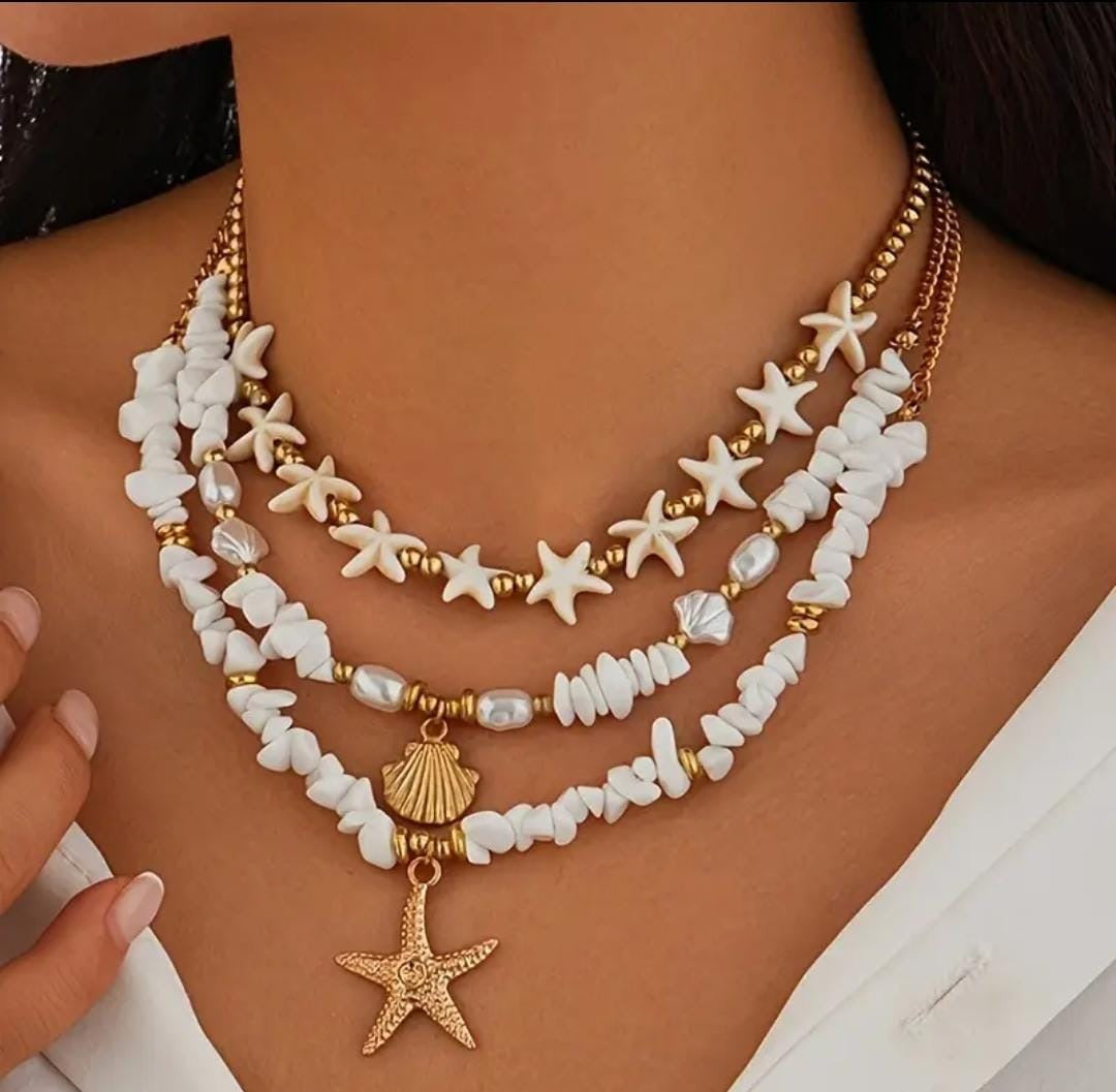 Layered Coastal Starfish & Seashell Charm Necklace Set