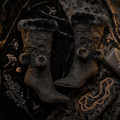 Black Faux Fur Lace-Up Heeled Boots