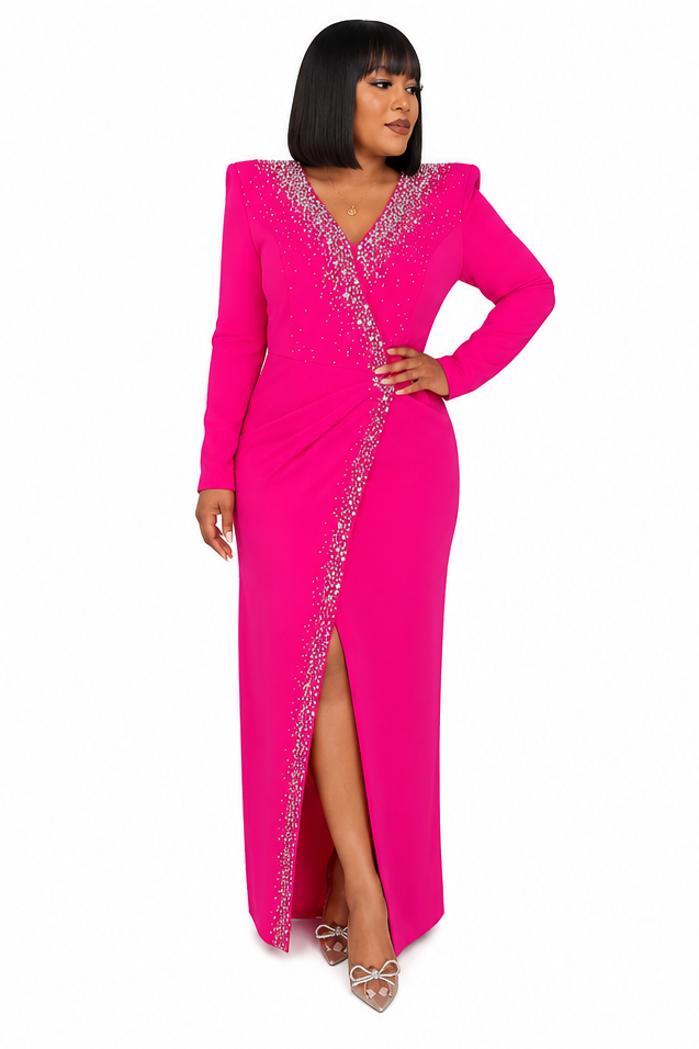 Fuchsia Crystal Embellished Evening Gown