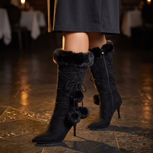 Black Faux Fur Lace-Up Heeled Boots