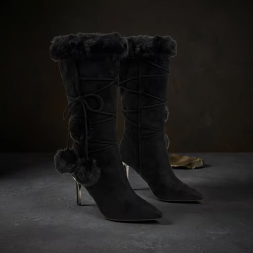 Black Faux Fur Lace-Up Heeled Boots