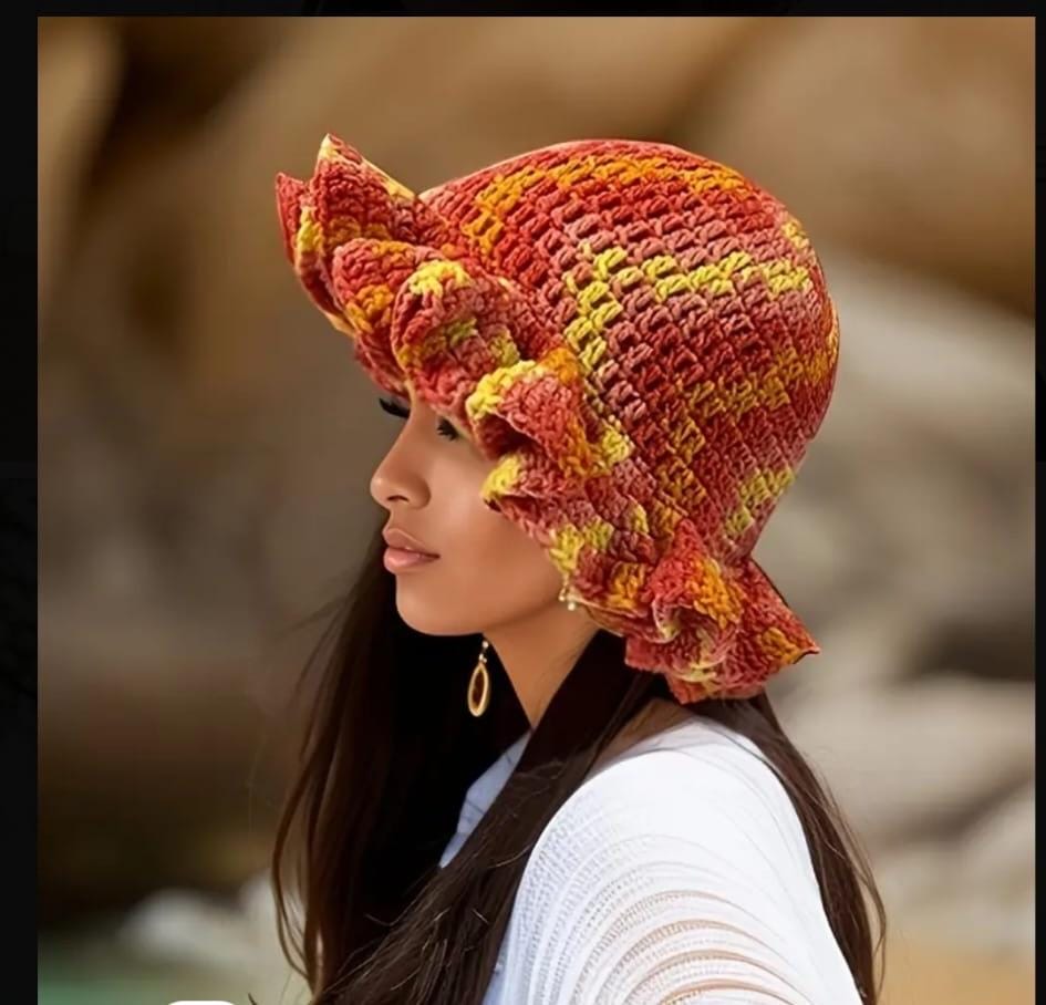 Boho-Chic Variegated Crochet Bonnet with Dramatic Ruffled Brim